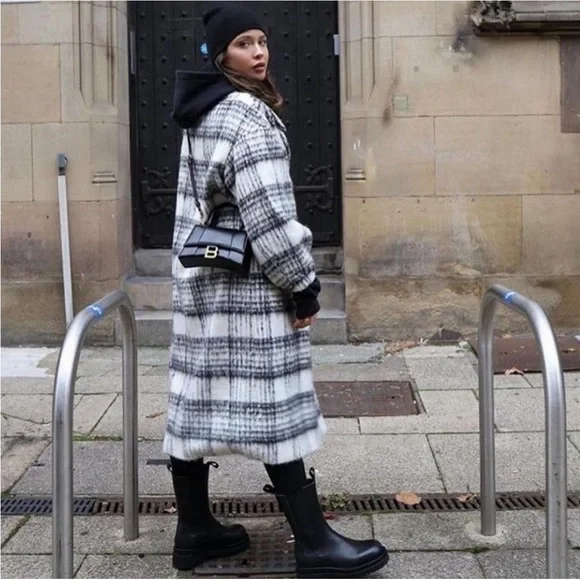 ZARA Black & White Plaid Brushed Wool Oversized Long Wool Coat - Picture 10 of 14